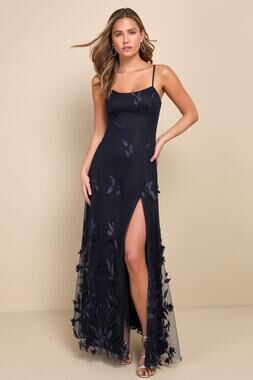 NWT Lulus Abundant Charm Navy Blue 3D Floral Applique Maxi Dress Prom Large